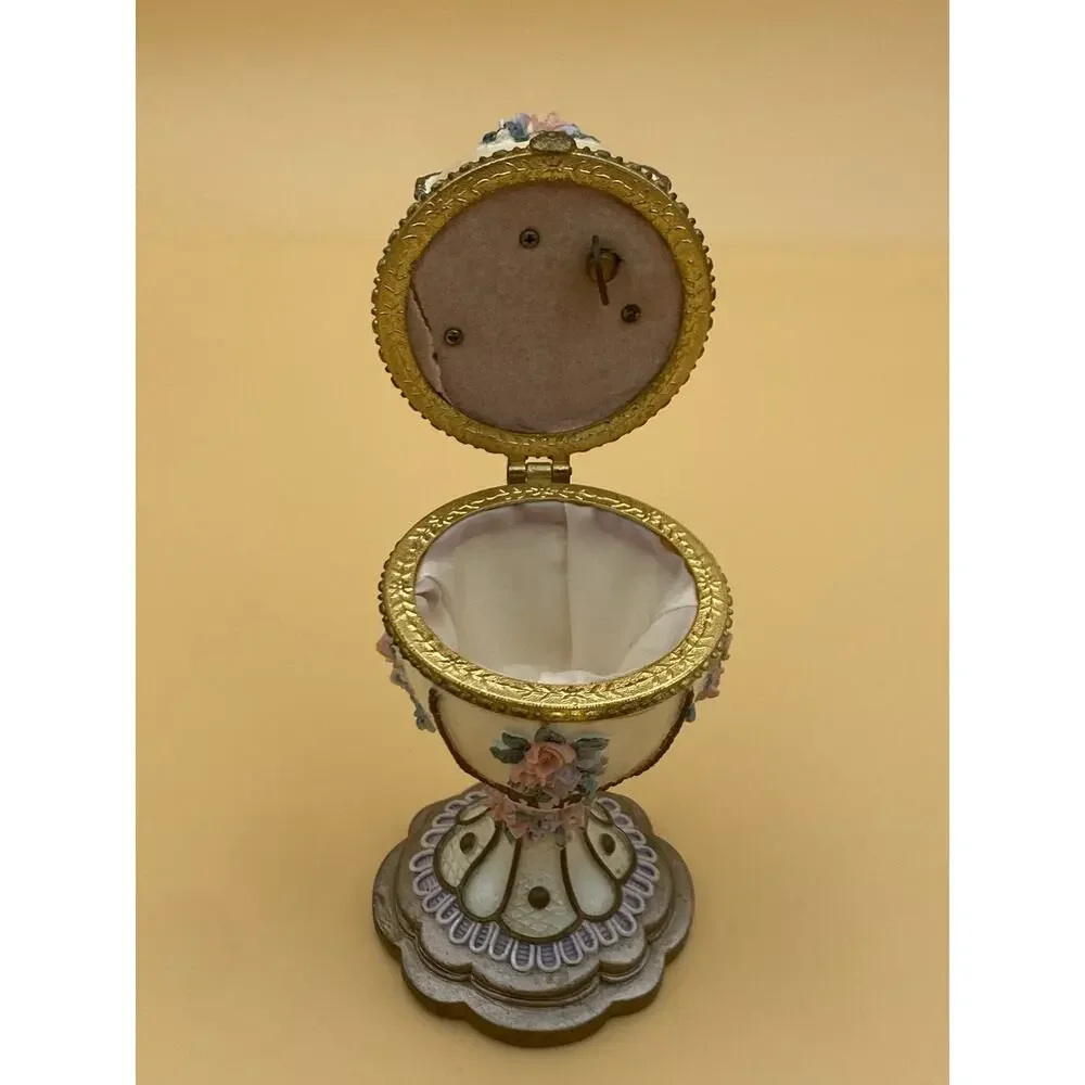 Vintage Egg Shaped Floral Metal Jewelry Box w/ Hinged Lid, Fabric Lined Interior
